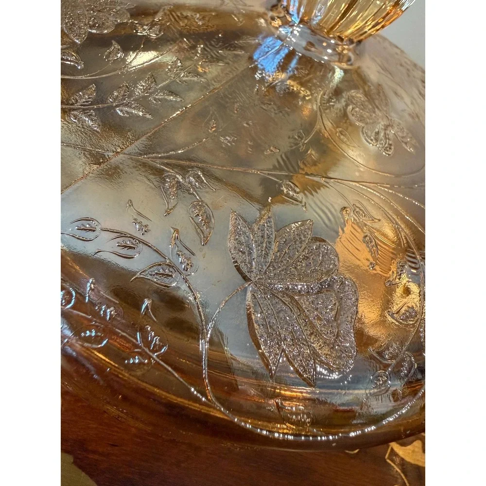 Vintage Jeannette Floragold Louisa Covered Dish, Marigold Carnival‎ Glass Bowl